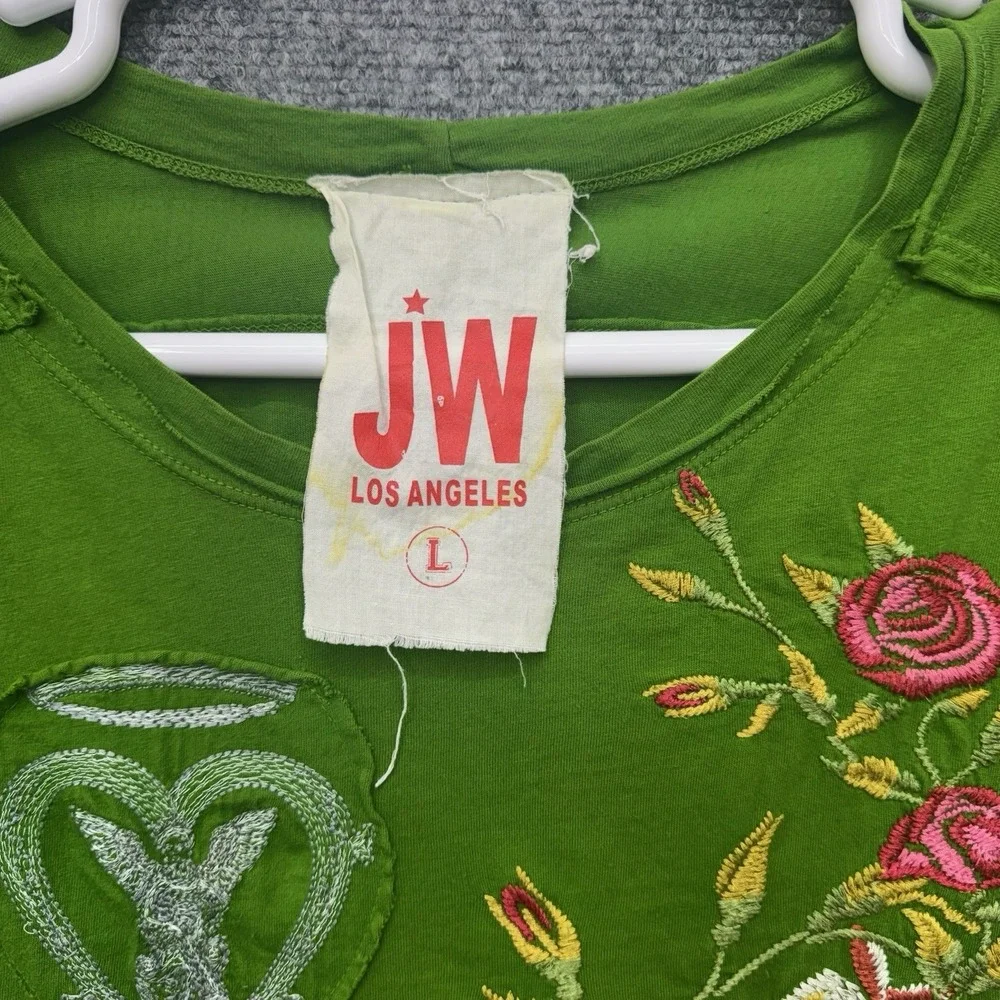 JW Los Angeles green blouse top embroidered roses women's Large w/ small stain - Picture 4 of 10